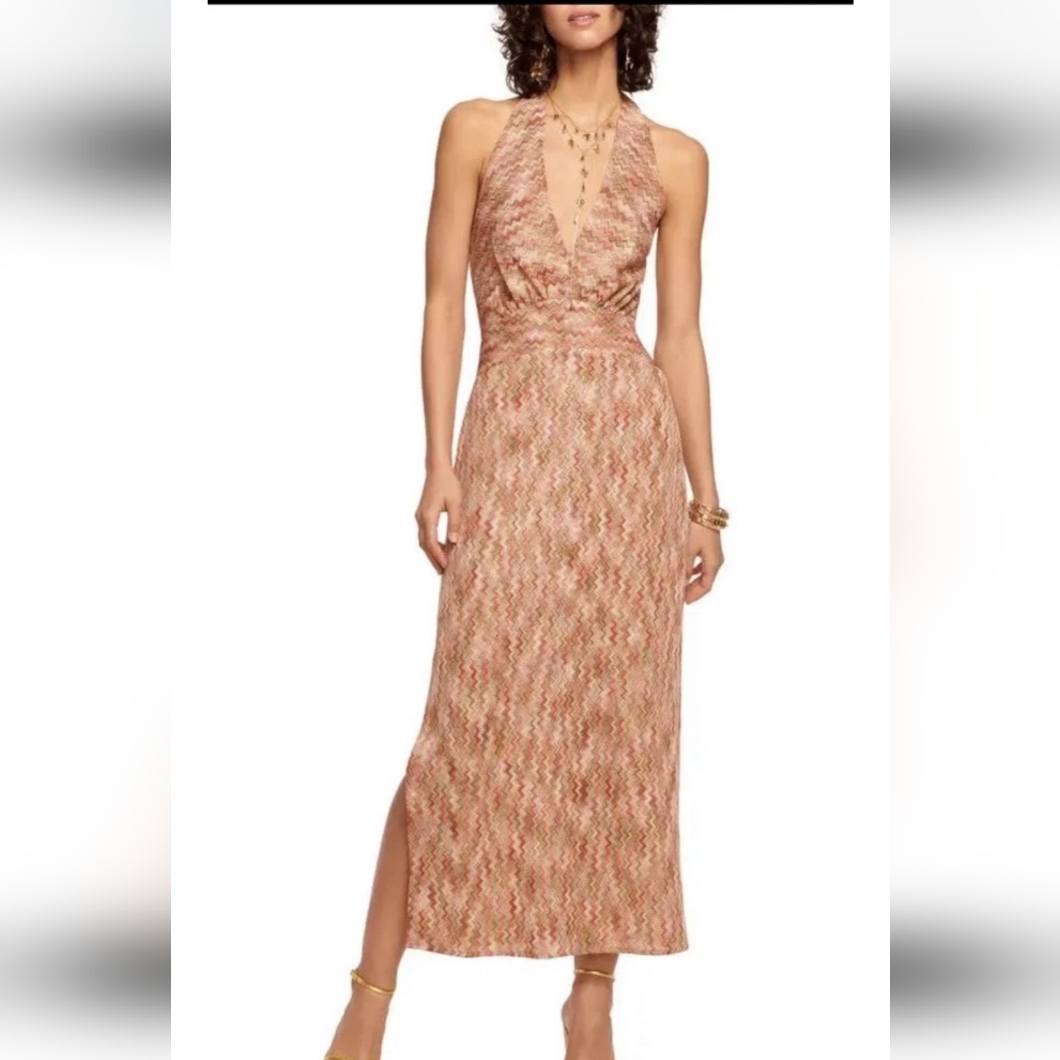 Ramy Brook Henrietta Chevron Stripe Halter Midi Dress Pink Punch Gold Shimmer 2